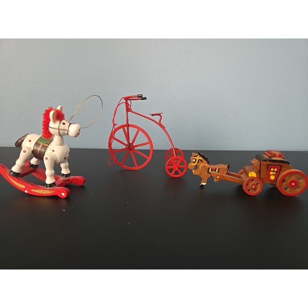 Vintage Red Metal Woo‎ Christmas Ornaments,  Bicycles and Rocking Horse Carriage